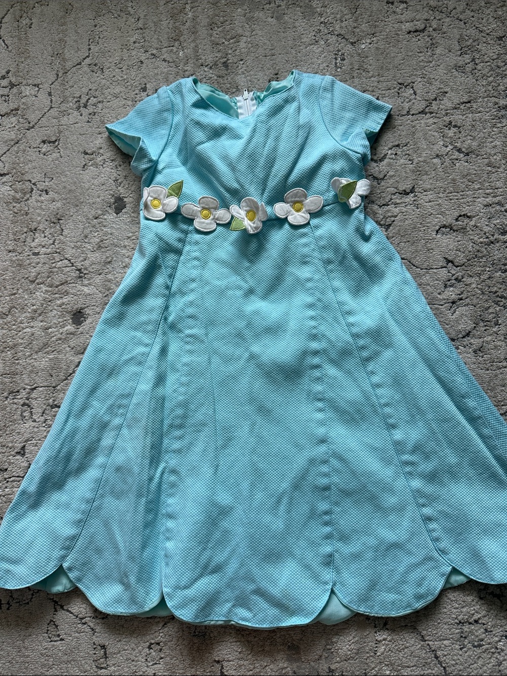 Florence Eiseman Aqua Scalloped Hem Dress with Floral Belt